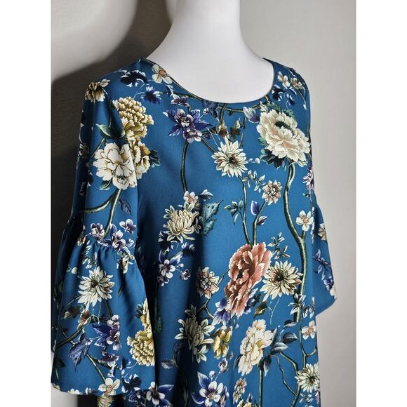 Bryn Walker Diego Tunic Teal Blue Floral Size Medium Bell Sleeves - Picture 5 of 13